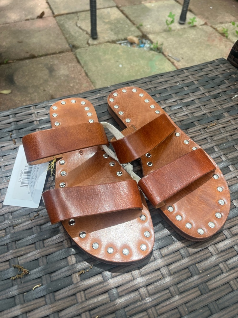 Studded Brown Leather Double-Strap Slide Sandals